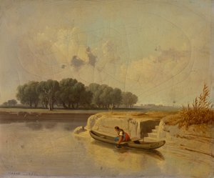 Paysage avec une rivière et un bateau au premier plan - Károly Markó the Younger